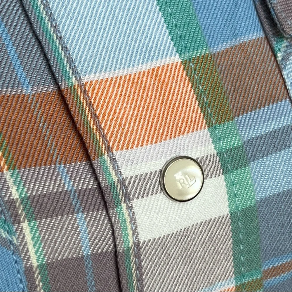Ralph Lauren Plaid Western Pearl Snap Top Button Down Cotton Blouse Blue Small - Picture 7 of 13